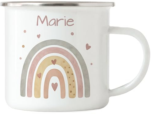 Kiddle-Design Kinder Tasse Personalisiert mit Name - Kinderbecher für Kita, Kindergarten - Kindertasse mit Regenbogen-Motiv als Trinkbecher, Zahnputzbecher - Regenbogen Tasse Emaille