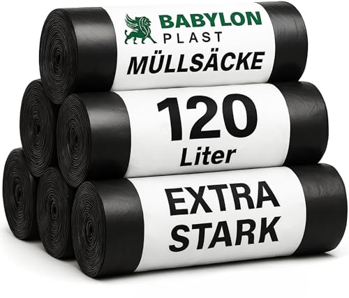 Babylonplast Müllsäcke 120L Extra Starke Schwarz (60 Stück) | Müllbeutel Stabil | Mülltüten Reißfest I 70×110 cm I Recyclingfähig & Umweltfreundlich I Bauschuttsäcke 70 µ/Typ 100