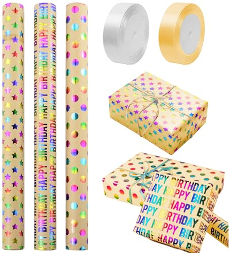 Födelsedag, presentpapper, set med 3 rullar, glittrande presentförpackning – 3 olika stjärnor, prickar och Happy Birthday-mönster – 43 cm x 3 m per rulle