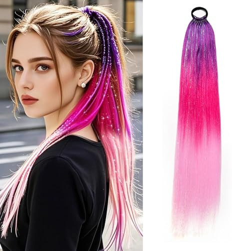 ZXTGBQ Rajout Cheveux Tresses Violet, 26 pouces Extension Cheveux Mélange Violet et Pêche, Meche Violette Cheveuxs, Queue de cheval brillante Pour Bals Masqués, Cosplay, Halloween, Noël, Carnaval
