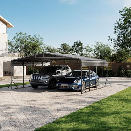 20x20 ft Reinforced Metal Carport, Wind & Snow Resistant Steel Canopy, Special Shelter for Car/SUV/RV, Quick-Assemble Rust-Proof Outdoor Shed, Grey