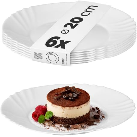 KADAX Desserttallrik Ø 20 cm, set med 6, enkla tallrikar i härdat glas, tårttallrikar, salladstallrikar, runda frukosttallrikar, mattallrikar, diskmaskinssäkra (vit)