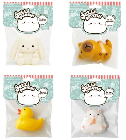 Jelli Squishi – Set da 4 Squishy Animali – Gioco Sensoriale Antistress per Bambini – Squishy Gel Morbido da Schiacciare – Stile Kawaii Mochi – Colori Assortiti
