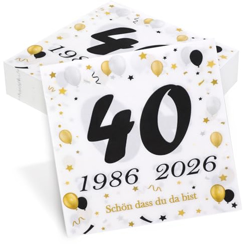 50 Stück Servietten 40. Geburtstag, Seutgjie 40 Geburtstag Deko 1986-2026 Rubinhochzeit Jubiläum Tischdeko Schwarz Gold Tisch-Deko Party Gedeckter Tisch
