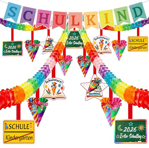 Einschulung Deko,Schulkind 2026 Mädchen/Junge Deko,Schulkind Girlande Satz,Enthalten Banner:Schulkind,PapierKranz 4 Stück, Gesamtlänge 12M,Thema Schulanfang ist Farbenfroh und Einfach zu Verwenden