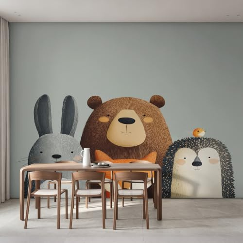Générique Papier Peint Panoramique Animal de la Forêt, Papier Peint Lapin Ours Renard Enfants 250x175 cm (L×H), Fresque Murale Intissé Salon Chambre, Décoration Murale