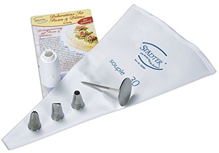 STÄDTER Dekorations Set Rosen & Blätter, 6-teilig, inkl. Profi-Spritzbeutel, Adapter, Rosentülle, Lochtülle, Blatttülle & Rosennagel aus Edelstahl, spülmaschinenfest