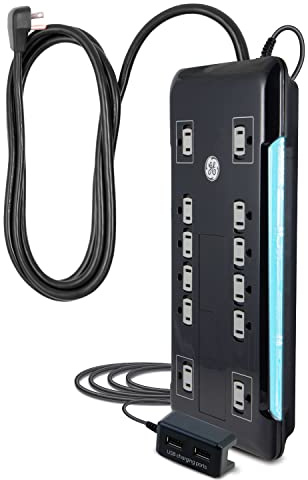 GE UltraPro 12 Outlet Surge Protector, Tethered 2 USB Ports, 8 Ft Power Cord, 4320 Joules, Flat Plug, Power Filter, Circuit Breaker, Warranty, UL Listed, Black, 11824