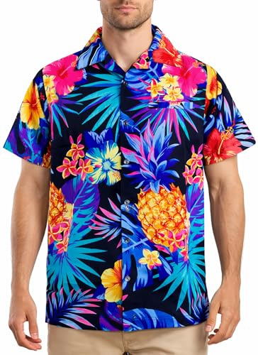 King Kameha Chemise hawaïenne Homme Manches Courtes – Chemise d’été Aloha avec imprimé Ananas, légère et Facile d’Entretien