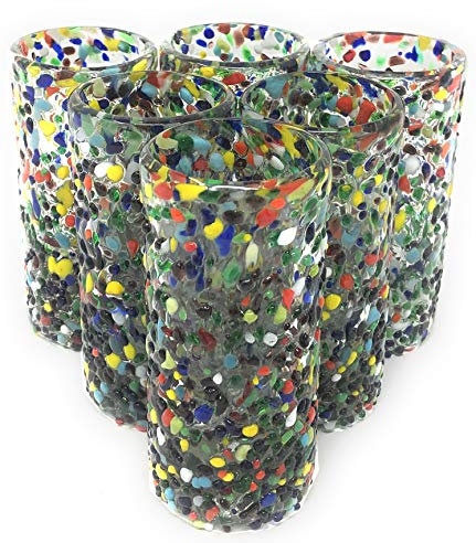 Hand Blown Mexican Tequila Glasses – Set of 6 Confetti Design Tequila Shot Glasses (2 oz each)