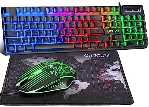 CHONCHOW Gaming Keyboard and Mouse Led Backlit USB Wired with Light Up 104Key 3600DPI 2 Side Button Mouse Keyboard Mechanical Feeling Compatible with PC Mac OS Xbox Ps4 Ps5 with Mousepad