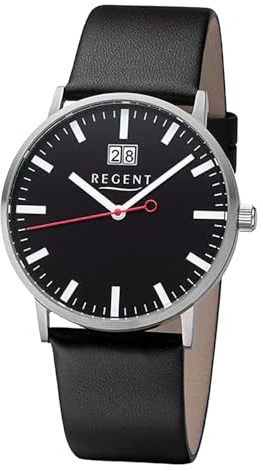 Regent Herren Armbanduhr aus Edelstahl und Leder in der Farbe Silber-Schwarz 39mm, Wasserdichtigkeit: 5Bar, 11110903