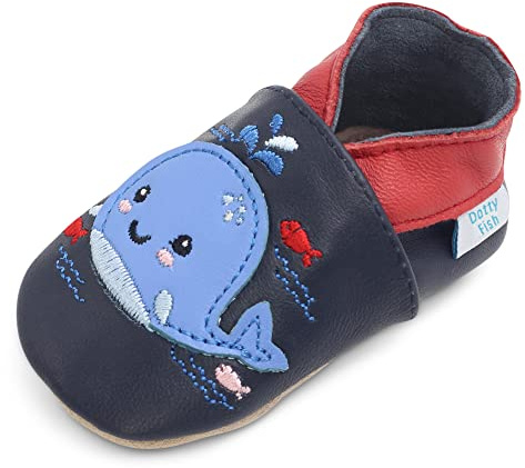 Dotty Fish Scarpine Unisex per Bambini e Neonati in Pelle a Piedi Nudi - Ragazzi e Ragazze, Disegni di Animali, Antiscivolo, Leggere, Flessibili, approvate dai podologi - Balena Blu Navy 6-12 Mesi
