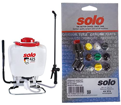 SOLO 425 Comfort Rückenspritze, Weiß, 36 x 22 x 51 cm & Düsensatz 49574 für Druckspritzen Drucksprüher und Rückenspritzen mit 9 verschiedenen Düsen,19 x 11 x 2 cm