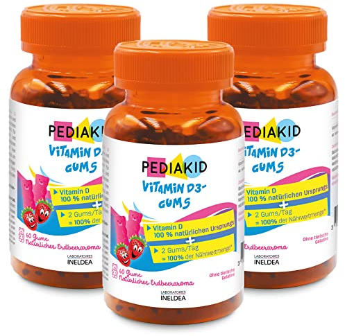PEDIAKID Gommes Vitamine D3- Croissance, Os & Immunité Enfant 60 oursons x2 | Dès 3 ans, goût fraise, système immunitaire, sans gélatine, complément alimentaire, 2 gommes /jour = 100% des apports
