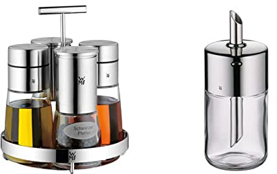 WMF De Luxe Menage-Set 5-teilig, für Salz, Pfeffer, Essig, Öl, Ständer mit 2 Essig-/ Ölspender, Salzmühle, Silver & Zuckerdosierer Barista Zuckerstreuer Cromargan Edelstahl rostfrei 250ml