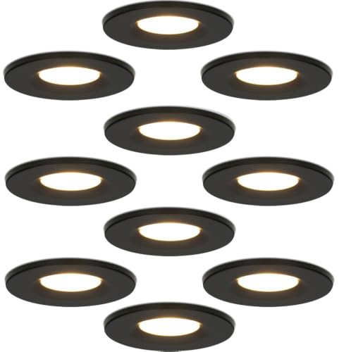 HOFTRONIC 10er Venezia - LED Einbaustrahler Flach 68mm Schwarz - IP65 Wasserdicht, Spots Badezimmer, Küche und Wohnzimmer - 2700K Extra Warmweiß - Einbautiefe 45mm