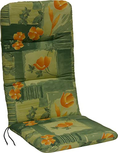 ANGERER Stuhlauflage hoch grün-orange geblümt | Hochlehnerauflage, Auflage für Gartenmöbel, mit Bändern, dicke Füllung aus Schaumstoff mit Vliesummantelung, Made in Germany