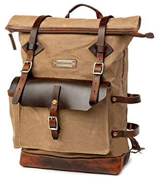 DRAKENSBERG Rolltop ryggsäck Adam gjord av vaxad duk med läder, vattenavvisande – hantverksperfektion, upp till 30 l, Khaki-sand, L, Traditionella ryggsäckar