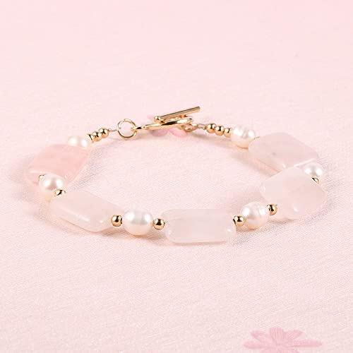 Edelstein Armband,Naturstein-Rosenquarz-Kristall-Armband Modischer Rechteckiger Charme Süßwasserperlen Riegelverschluss Armband Energie Edelsteine Perlen Armreif Schmuck Für Damen Und Herren Gesc