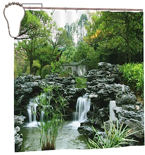 SATOHA Shower Curtain Rockery Flowing Water Waterproof Moistureproof Green Plant Garden Bathroom Bath Curtains Decoration 183x183cm