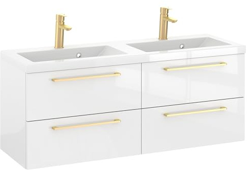 Furni Rosen 120 cm Hängend Doppelt Badezimmerschrank mit 2 Waschbecken und Eleganten Goldenen Griffen Waschbeckenunterschrank Badezimmer Waschtisch mit Unterschrank Waschtischunterschrank