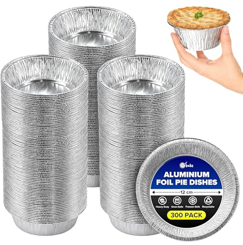 ebake Foil Pie Dishes - 300 Pack Individual Pie Tins - 12cm x 4cm Aluminium Foil Pie Cases - Disposable Foil Pie Tins for Roasting and Desserts