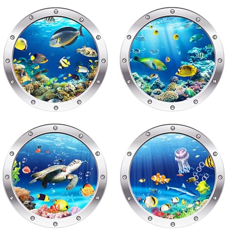 Zimoer 3D Unterwasserwelt Wandtattoo, 4 Stück Wandsticker Badezimmer Schlafzimmer Meerestiere Dekoration Bullauge Fenstersticker, Ozean-Themen Wandaufkleber für Babyzimmer Kinderzimmer Wanddeko (A)