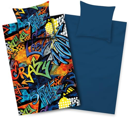 Aminata kids Bettwäsche Jungen 135x200 Graffiti 100% Polyester | Jugendliche Teenager - Reißverschluss - Mikrofaser bügelfrei - vorteilhaft für Allergiker - bunt blau