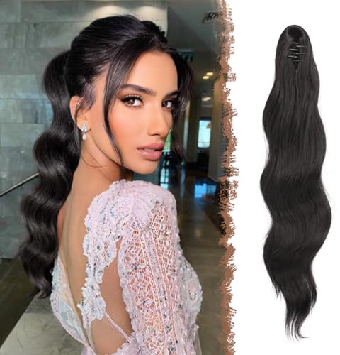 FESHFEN Coda Capelli Extension con Pinza, Lunga Ondulato Coda di Cavallo Clip Extension Nero Naturale Coda Finta Sintetico Posticci Ponytail per Donna 50 cm