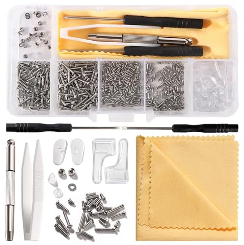 YIXISI 500 Stycken Glasögon Solglasögon Reparationsset, Glasögon Reparation Skruvset, med Skruvmejsel, Silikon Näskuddar, Pincett, Glasögon Rengöringsduk, Silver