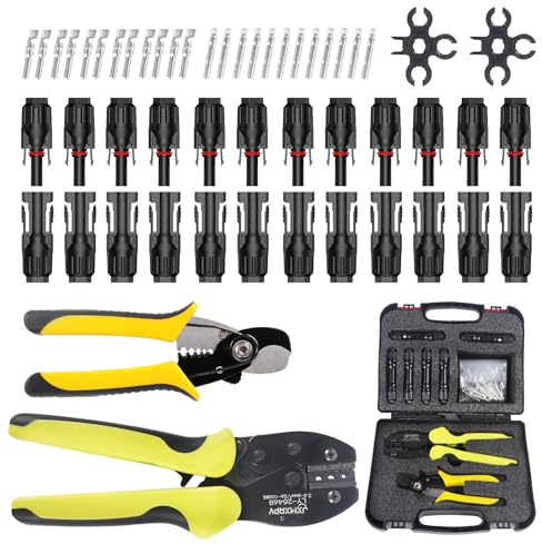 Solcrimptång set för 2,5/4/6 mm² solpanel solkabel, 1 x presstång 1 x kabelskalare 12 par solkabelkontakter + 12 par hane/hona solkontakter 2 x solkontakter skiftnyckel