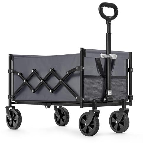 SONGMICS Chariot de Transport Pliable, avec Poignée, 4 Roues Renforcées Dont 2 Roues Universelles, Charge 150 kg, pour Plage, Camping, Jardin, Gris Ardoise GFW909G01