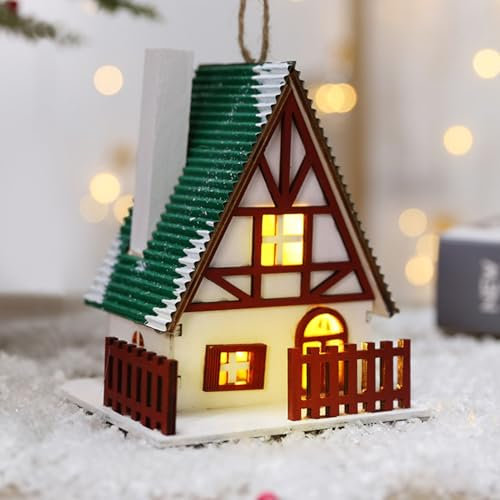 Decoración navideña para casa de madera iluminada, pueblo de Navidad con iluminación, colgable de madera con luz LED, mini casa de Navidad iluminada para decoración navideña interior, paisaje de
