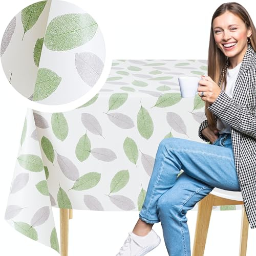 KP HOME Mantel Hule Mesa Rectangular 200 x 137 cm – Manteles PVC para Exterior e Interni Paño de Aceite - Vinilo Mantel Impermeable Antimanchas con Diseño Brisa de Hojas Verdes