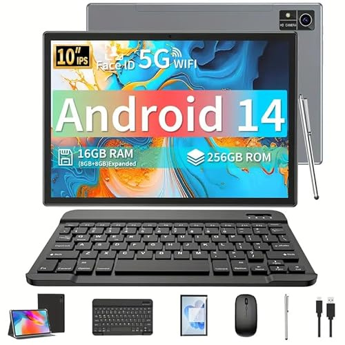 QDDQ Android 14 Tablet mit Tastatur, 10 Zoll Tablet mit 16GB+256GB, 1TB Expand, 8-Core, 8000mAh, 5G WiFi, Widevine L1, GMS, 1280P FHD, 2 in 1 mit Tastatur, Maus, Stylus (Schwarz)