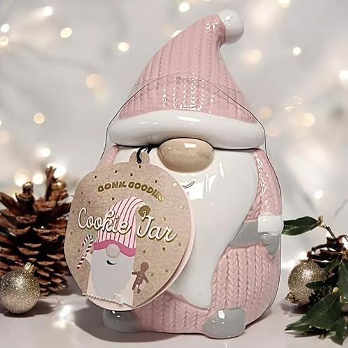 New Charming Ceramic Gnome Shaped Cookie Jar With Lid Use Both Decorative Item & Storage Jar For Your Festive Treats Wonderful Christmas For Loved Ones Gift & a Great X-Mas Decor -(pink) A41