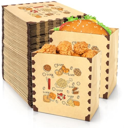 Covzoe 200 Count Kraft Paper Snack Bags, Thick ENJOY Pattern Greaseproof Sandwich Treat Cookie Bag, 4.7 x 2.8 x 4.7 Small Disposable Brown Stock Bag Wrapper for Popcorn, Chips, Bakery, Baked Foods