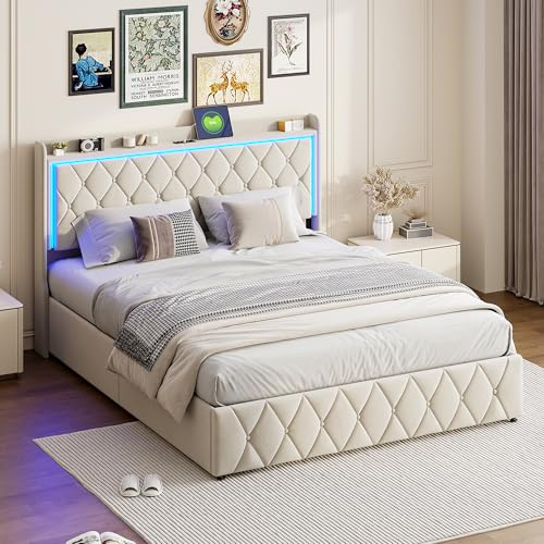 MOTUZP Cama Juvenil 140x200 de Terciopelo con Gran Almacenaje Inferior, Base Tapizada con Canapé Abatible y Estante en Cabecero, Mueble Ahorro de Espacio, Color Beige Elegante, Sin Colchón