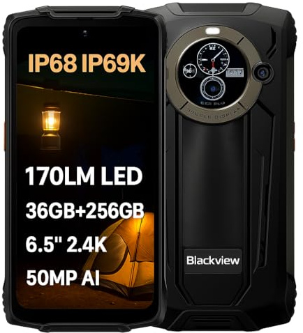 Blackview BV8200 Smartphone Incassable, Lampe Torche 170 Lumens, Double Écran, Helio G100 36GB+256GB, 6,5'' 120Hz 2.4K FHD+, Caméra AI 50MP, IP68 IP69K Android 14 Téléphone Étanche, GPS NFC Noir