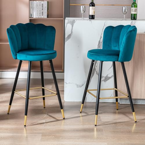 chairus Set di 2 Sgabelli da Cucina in Velluto Sgabelli Bar Moderni Design Sedia Alta con Schienale Sgabello Imbottito per Bar/Penisola/Cucina, Petrolio