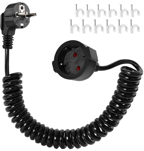 Verlängerungskabel Spiralkabel, 2m Schutzkontakt Spiralverlängerung 0,6 m auf 2m dehnbares Spiral Kabel Stecker Verlängerung Kurz mit Kupplung 230V/16 A für Zuhause, Büro, Außenbereich, Schwarz