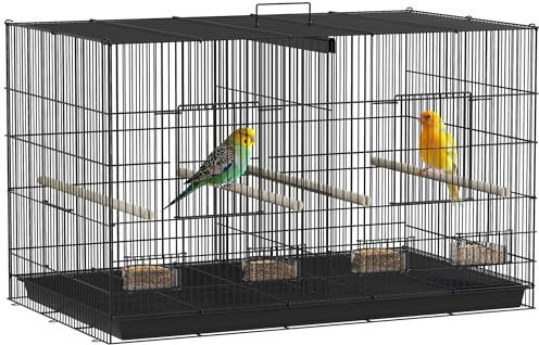 PawHut Vogelkäfig mit Trennwand und unterem Ablagefach, Vogelkäfig aus Stahl und PP mit 4 Sitzstangen und 4 Futterstellen, 94x57x57 cm, Schwarz