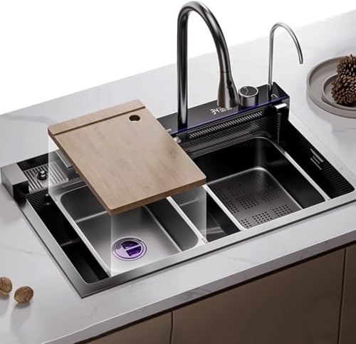 SZKTHD Fregadero De Cocina Grande De Acero Inoxidable 304 De Una Sola Cubeta con Grifo Multifunción Tipo Cascada Y Juego Completo De Accesorios(Negro,80x46x22cm)