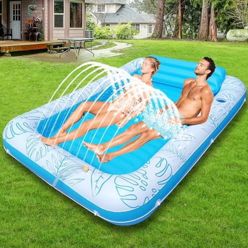 85 x 57 Extra Large Inflatable Tanning Pool Float Lounger with Sprinkler & Cup Holder, Adult Pool Raft for Backyard, Beach, or Lake, Pink/Blue – Durable PVC, Supports 440 lbs