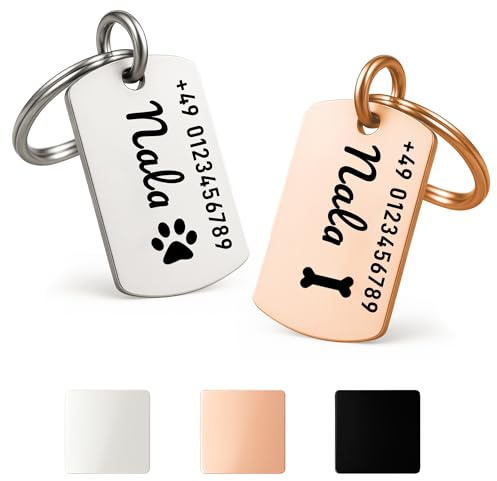 XMHome 2 Hundemarke in quadratischer Form mit Gravur von Name & Telefonnummer personalisierter Haustieranhänger für Hunde, Katzen & Welpen Edelstahl Tiermarke Roségold 2 Stück
