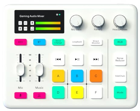 Live Soundkarte, Audio Mixer mit 3-stufiger Rauschunterdrückung, Bluetooth Streaming DJ Mixer, Sound Mixer Board für Aufnahme/Podcasting/Gaming/Live Streaming (Weiß)