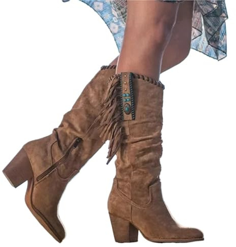 YXADGML Camperos Texani Donna Stivali Alti da Donna, Stile retrò, con Fibbia in Metallo, Punta affilata, Tacco Spesso, Nappe, Stivali da Cowboy Occidentali, Scarpe da Donna(Brown,37)