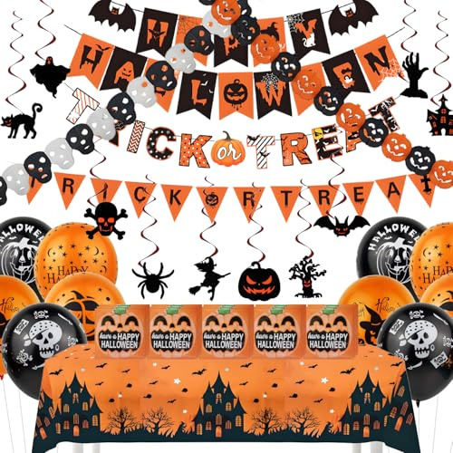 46 Stücke Halloween Party Deko Halloween Deko Set mit Banner Hängenden Dekoartikeln Streamern Servietten Tischdecken Ballons für Innen- und Gartendekoration Happy