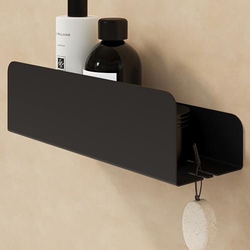 Dolvhin Duschablage ohne Bohren | Edelstahl Duschregal mit Ablaufrillen | Duschkorb zum Kleben | Badregal Selbstklebend | Badezimmer Wandregal | Shampoo Halterung Dusche & 2 Haken | Schwarz Matt